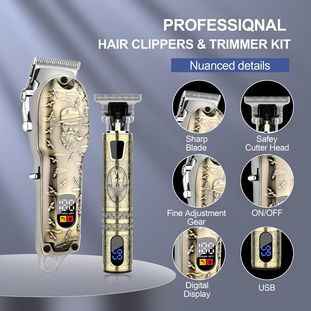 Hair Clippers Set for Men, Hair Clipper Trimmer with LED Display, Professional Cordless Hair Clipper Shaver Beard Trimme
