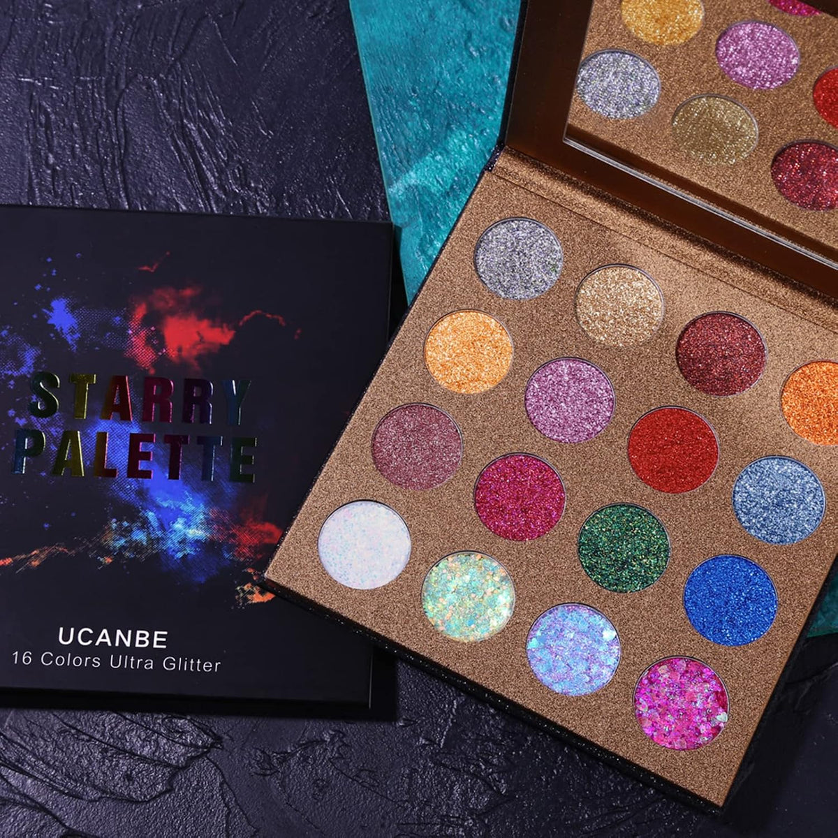 UCANBE Pro Glitter Eyeshadow Palette - Professional 16 Colors - Chunky & Fine Pressed Glitter Eye Shadow Powder Makeup P