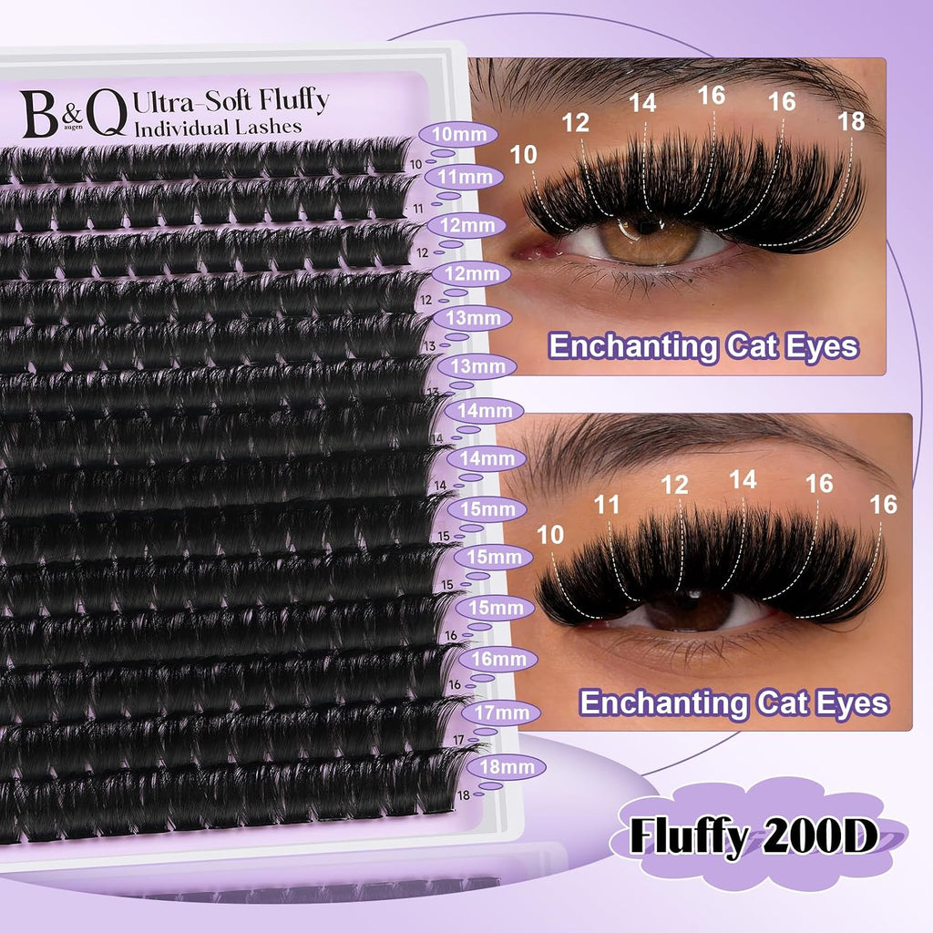 B&Q Fluffy Lash Clusters 200D,Dramatic Full Eyelash Clusters Volume 10-18mm