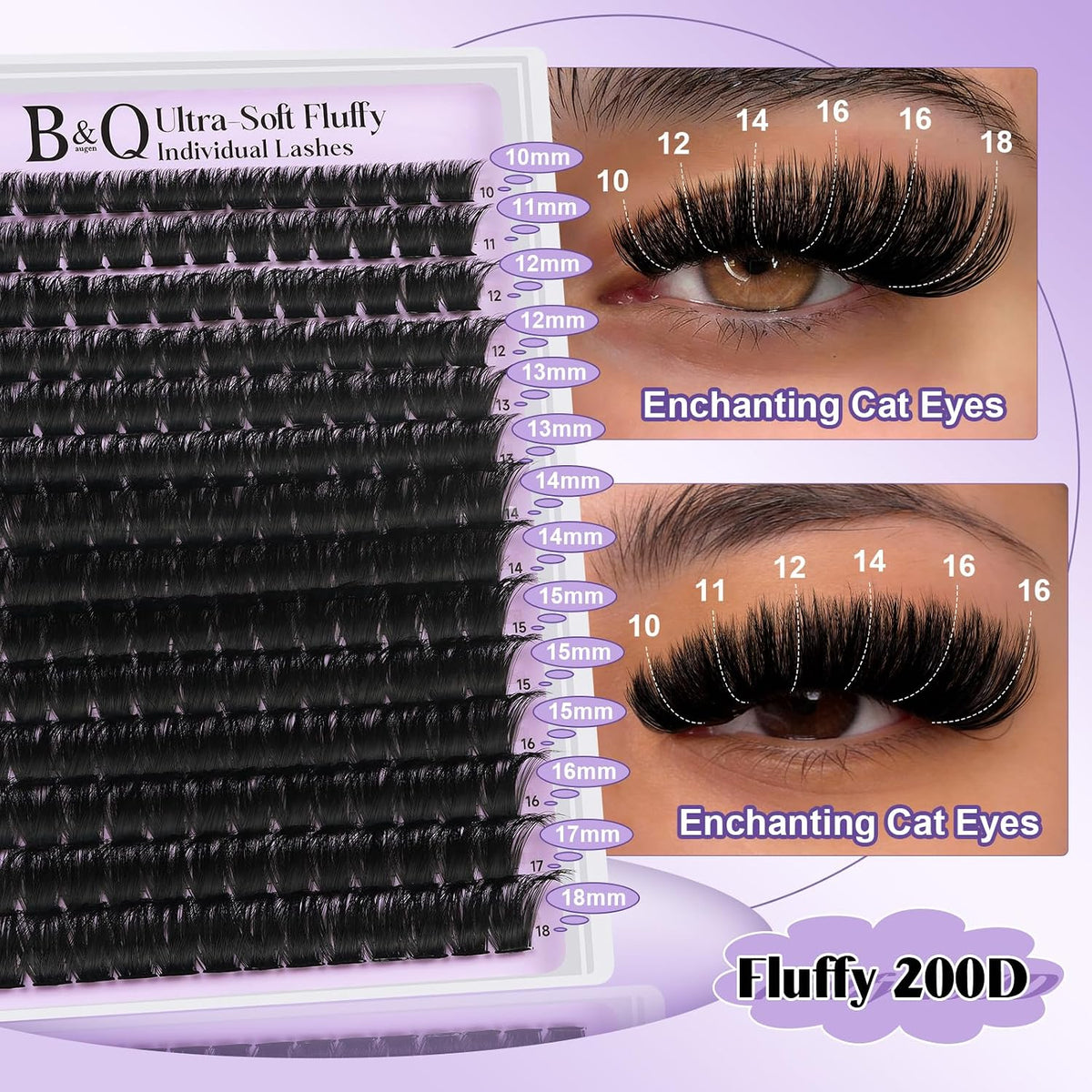 B&Q Fluffy Lash Clusters 200D,Dramatic Full Eyelash Clusters Volume 10-18mm