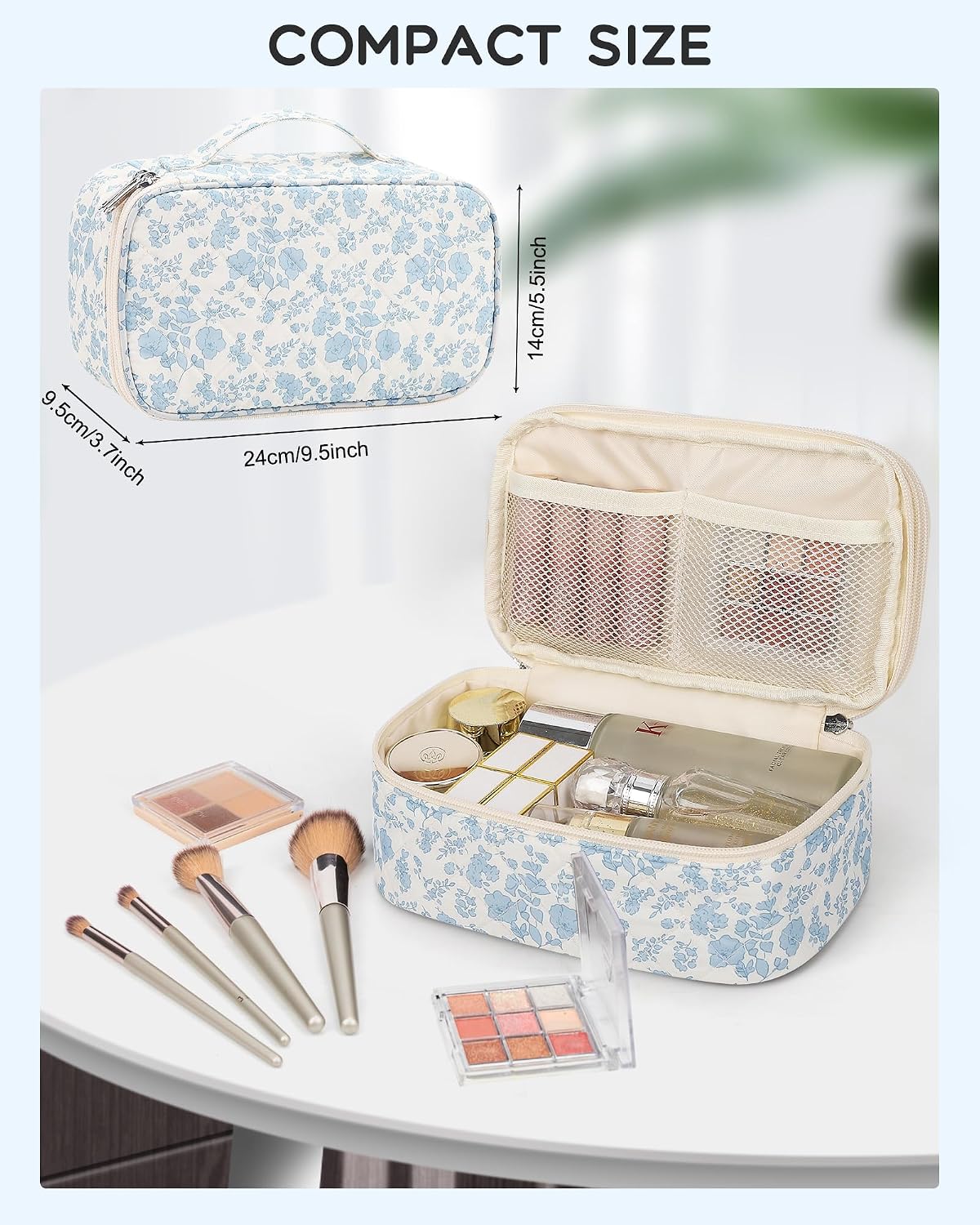 Relavel Travel Makeup Bag, Small Floral Cosmetic Bag with Handle for Trip
