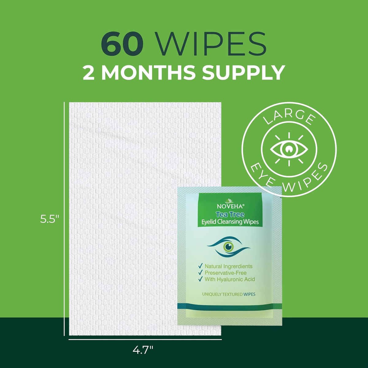 NOVEHA 60PCs Tea Tree Oil Eyelid & Lash Wipes | With Hyaluronic Acid, Green Tea & Chamomile, Individually Wrapped, Natur