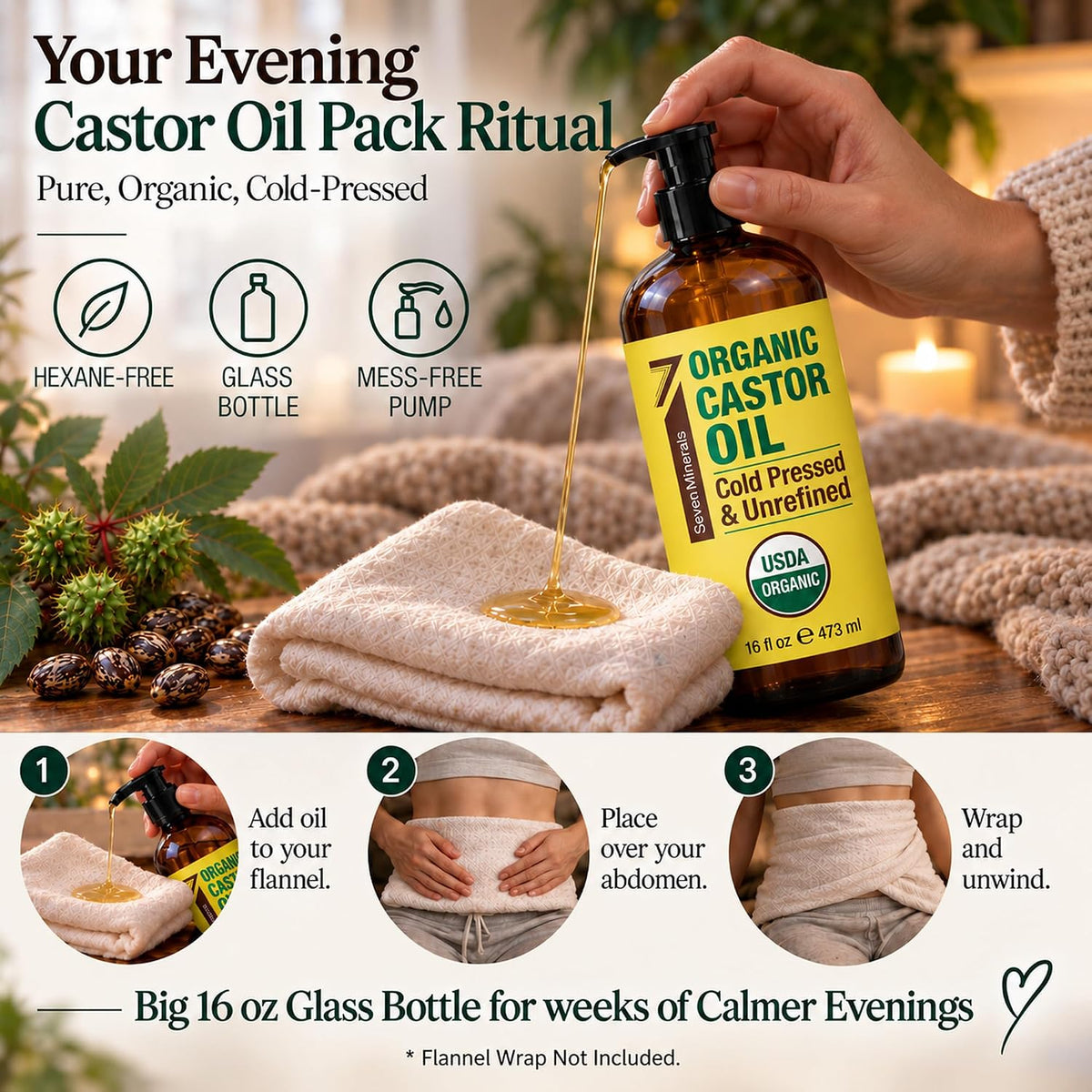 Seven Minerals USDA Organic Castor Oil - Big 16 oz Glass Bottle with Pump - 100% Pure Cold Pressed Unrefined Hexane Free