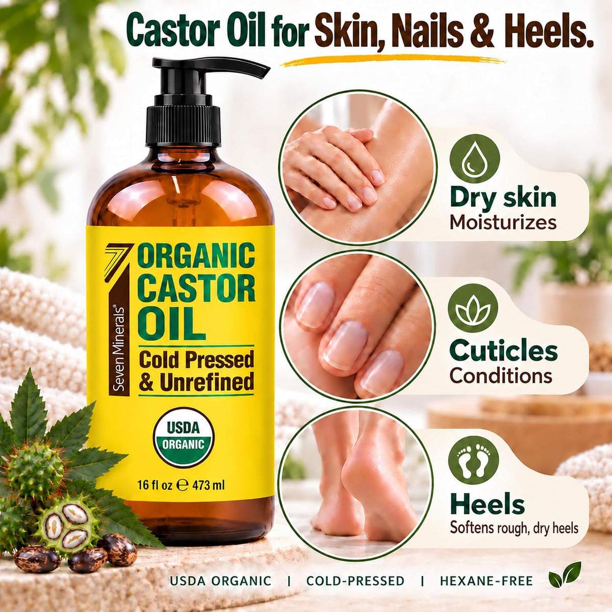 Seven Minerals USDA Organic Castor Oil - Big 16 oz Glass Bottle with Pump - 100% Pure Cold Pressed Unrefined Hexane Free