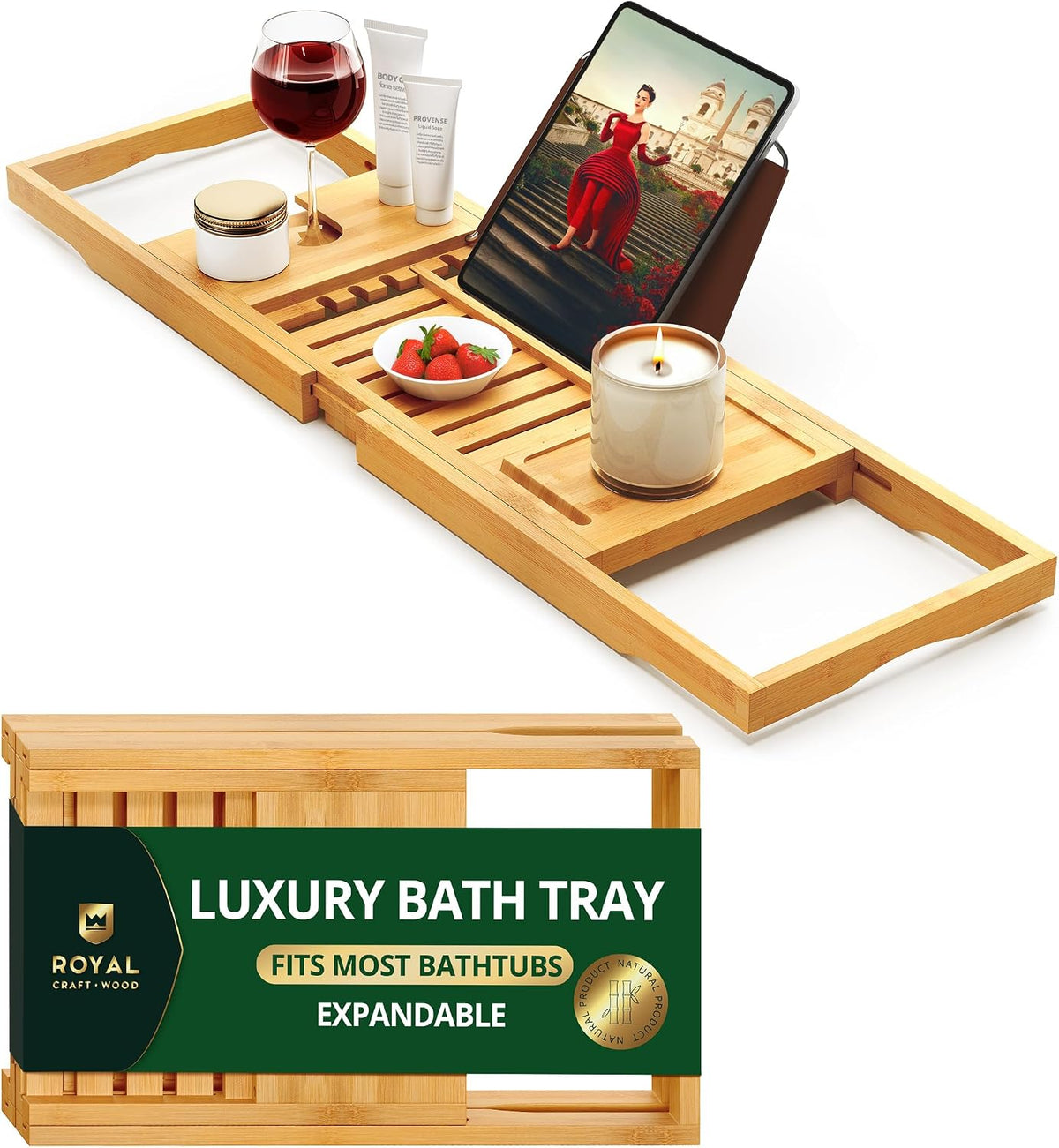 ROYAL CRAFT WOOD Premium Foldable Bathtub Tray Caddy - Wood Bath Tray for Tub, Bamboo Shelf, Expandable Bath Table Trays