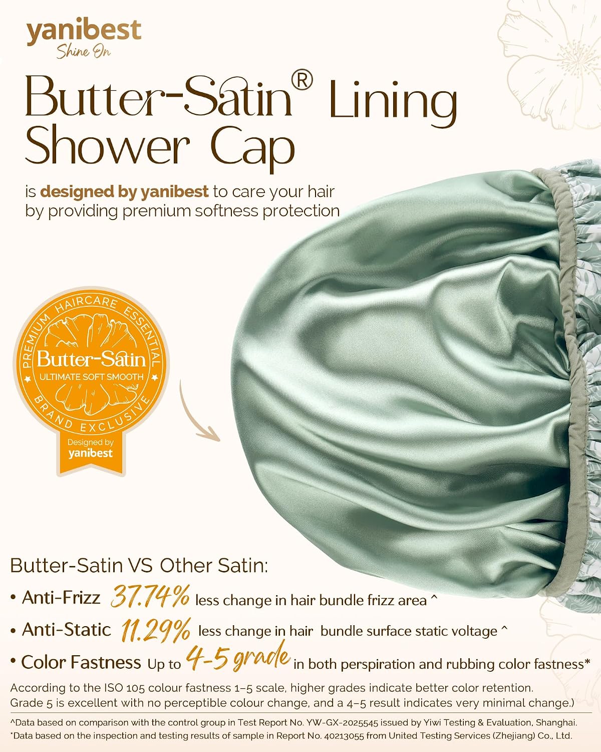 Yanibest Frizz Free Satin Lined Shower Cap with Soft Elastic Band