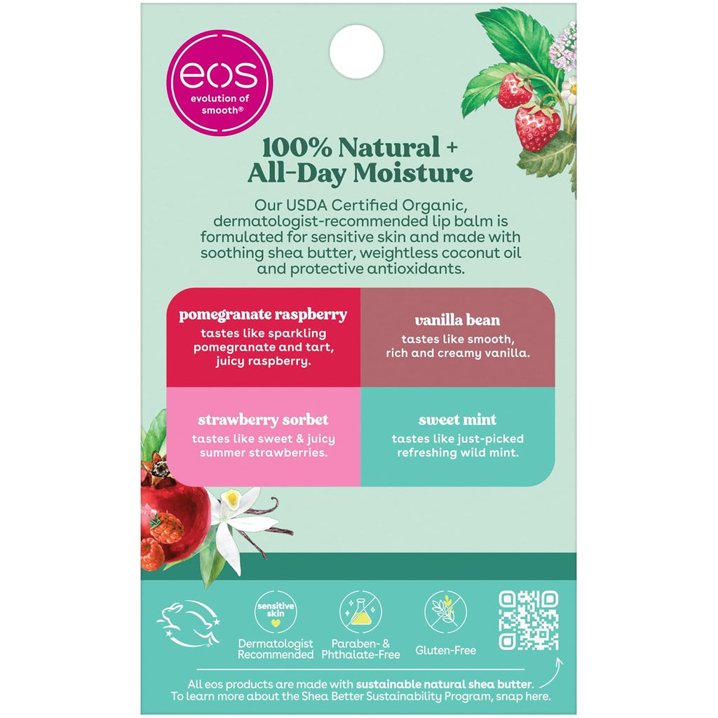 eos 100% Natural & Organic Lip Balm Sticks- Strawberry Sorbet, Vanilla Bean, Sweet Mint & Pomegranate Raspberry, Lip Car