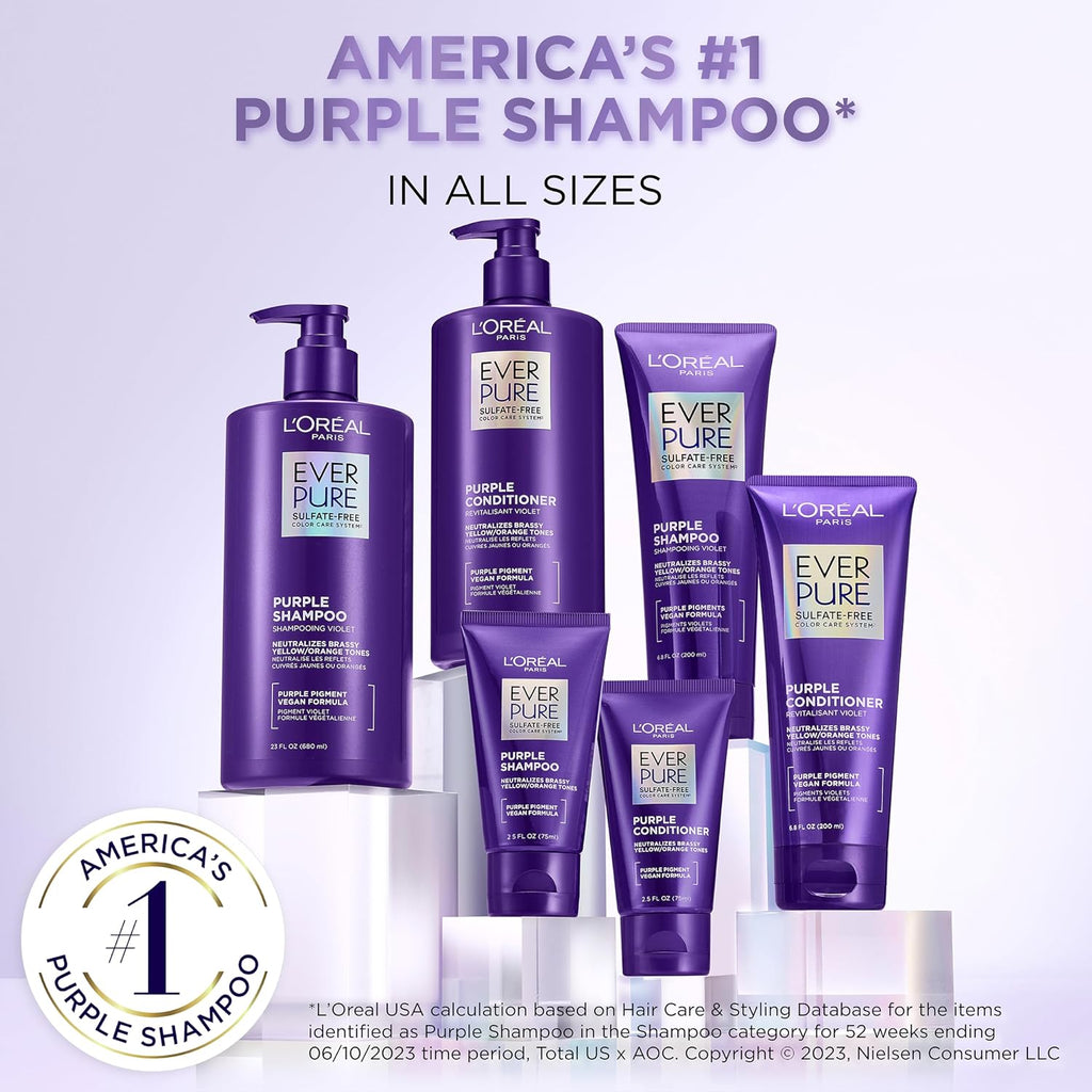 L’Oreal Paris Sulfate Free Brass Toning Purple Shampoo for Blonde, Bleached, Silver, or Brown Highlighted Hair, EverPure