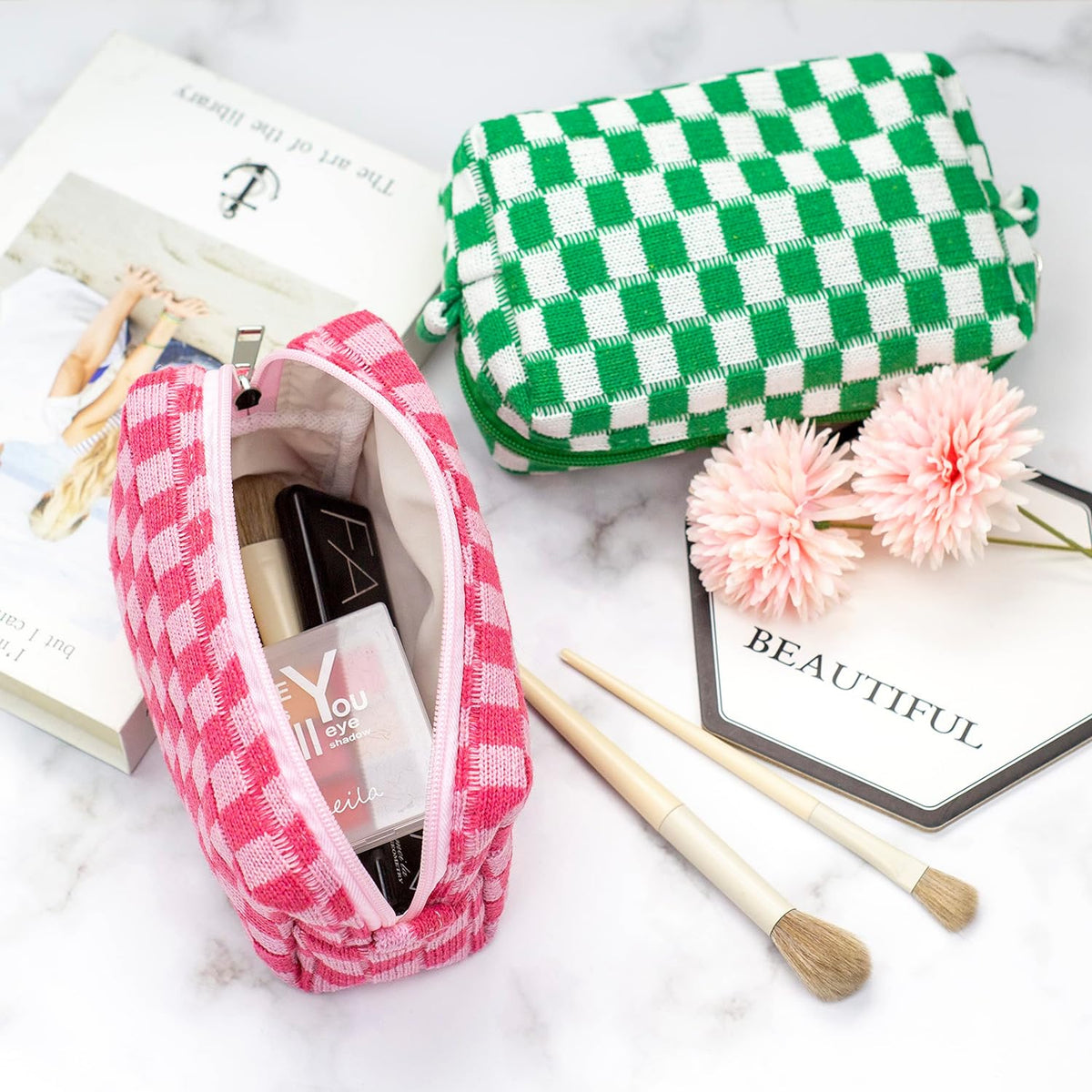 Checkered Makeup Bag for Purse Portable Zipper Make Up Pouch Small Cosmetic Case for Travel Accessories (Hotpink)