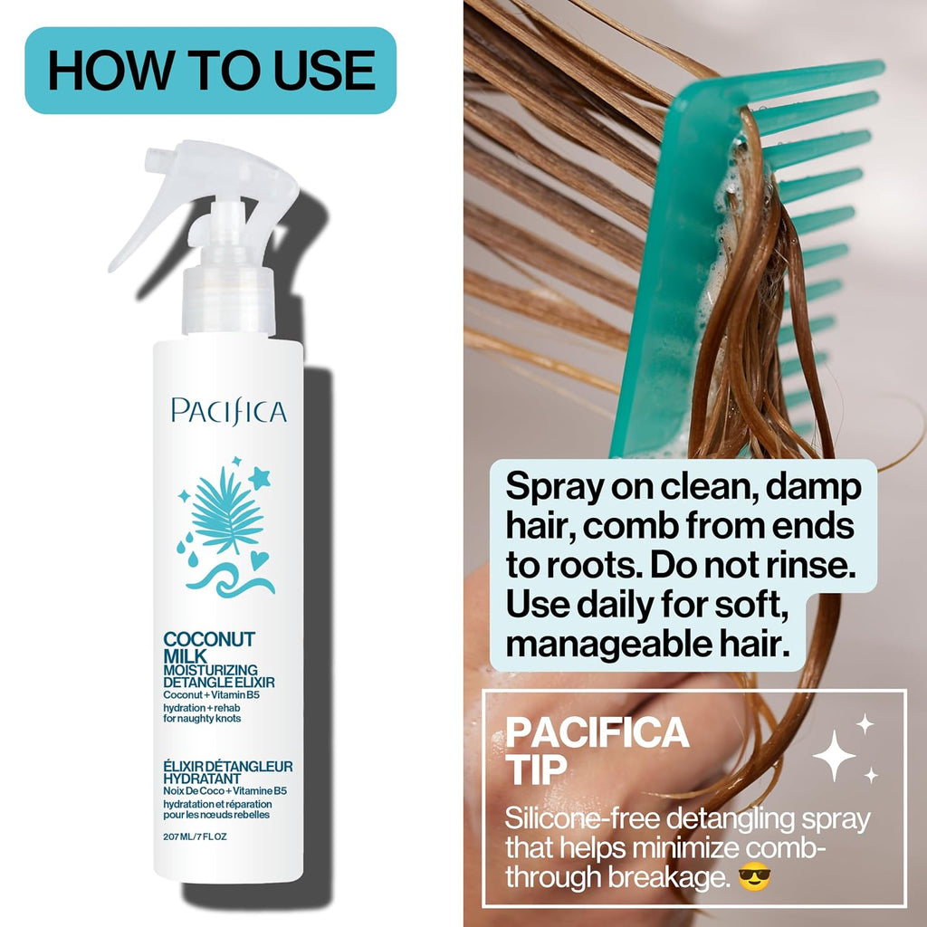 Pacifica Coconut Milk Hair Detangler Spray – Leave-In Conditioning Elixir for Tangle-Free Hair – Instantly Detangles Kno