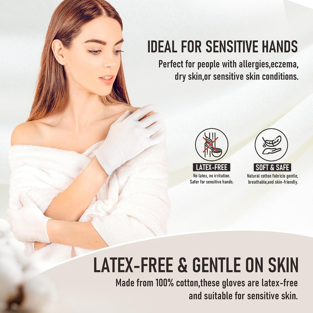 COOLJOB 100% Cotton Gloves, 6 Pairs White Cotton Gloves for Dry Hands Moisturizing & Eczema, Overnight Lotion, Sleep & S