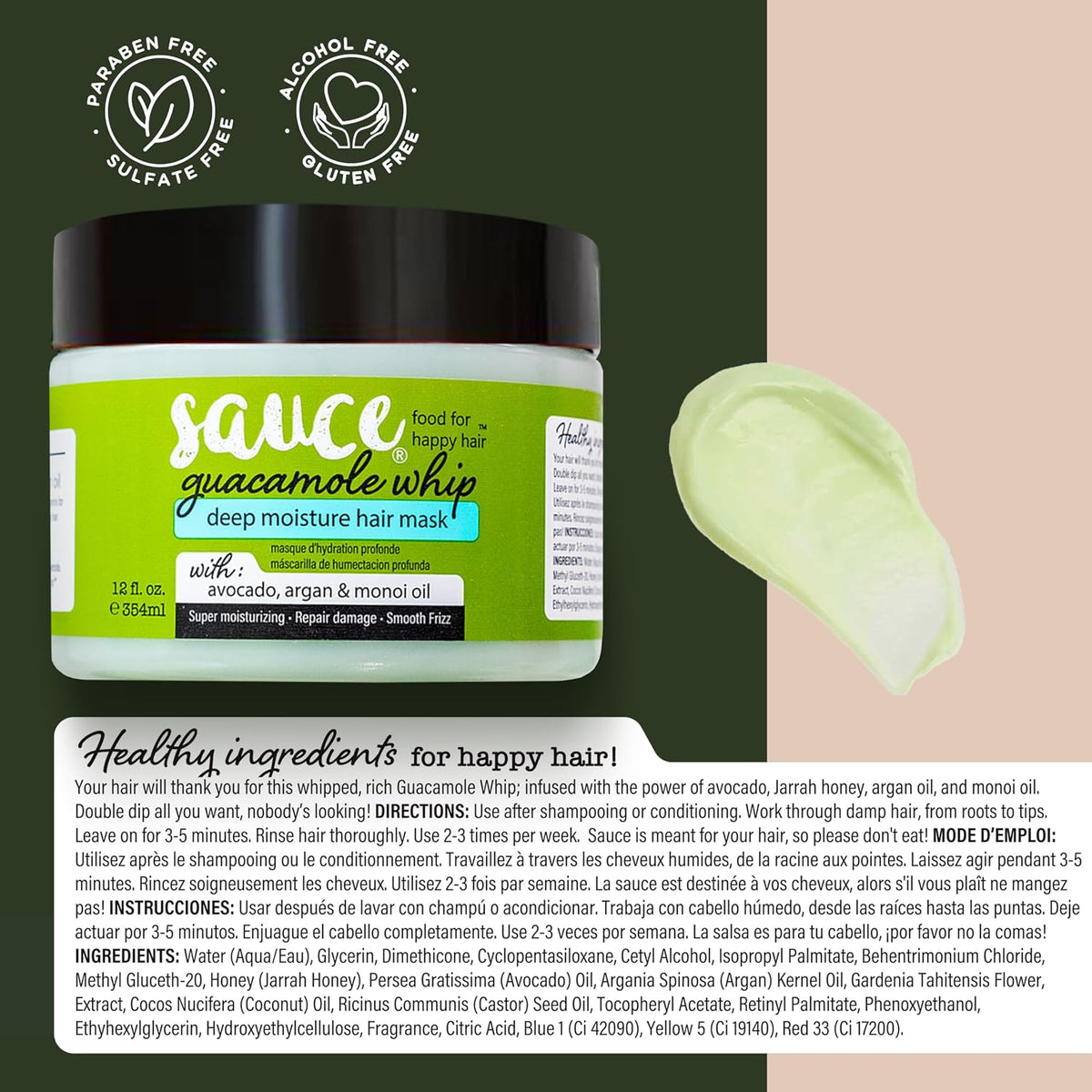 SAUCE Deep Conditioning Hair Mask, Guacamole Whip, 12 Fl Oz