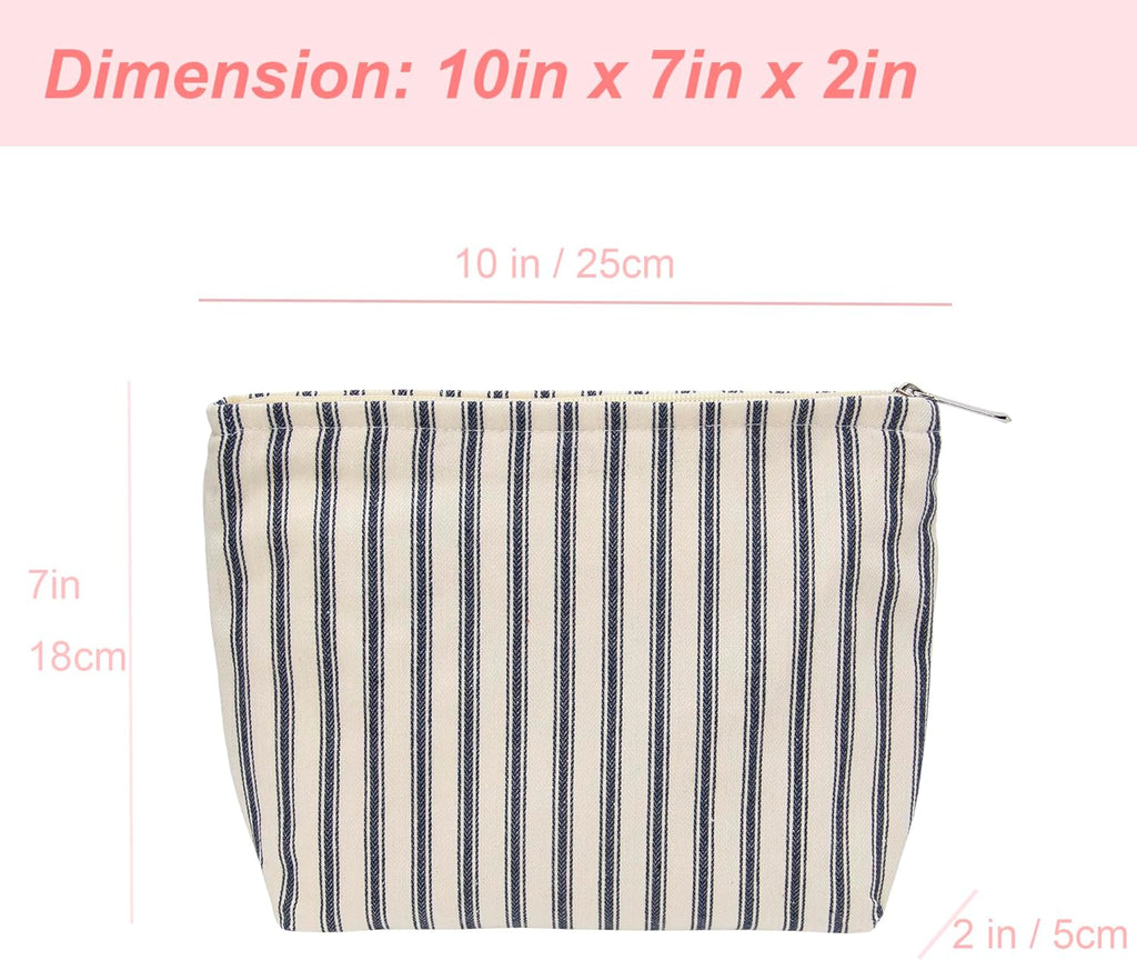 Flat Makeup Bag for Women,Zipper Cosmetic Pouch,Vintage Stripe Navy Blue
