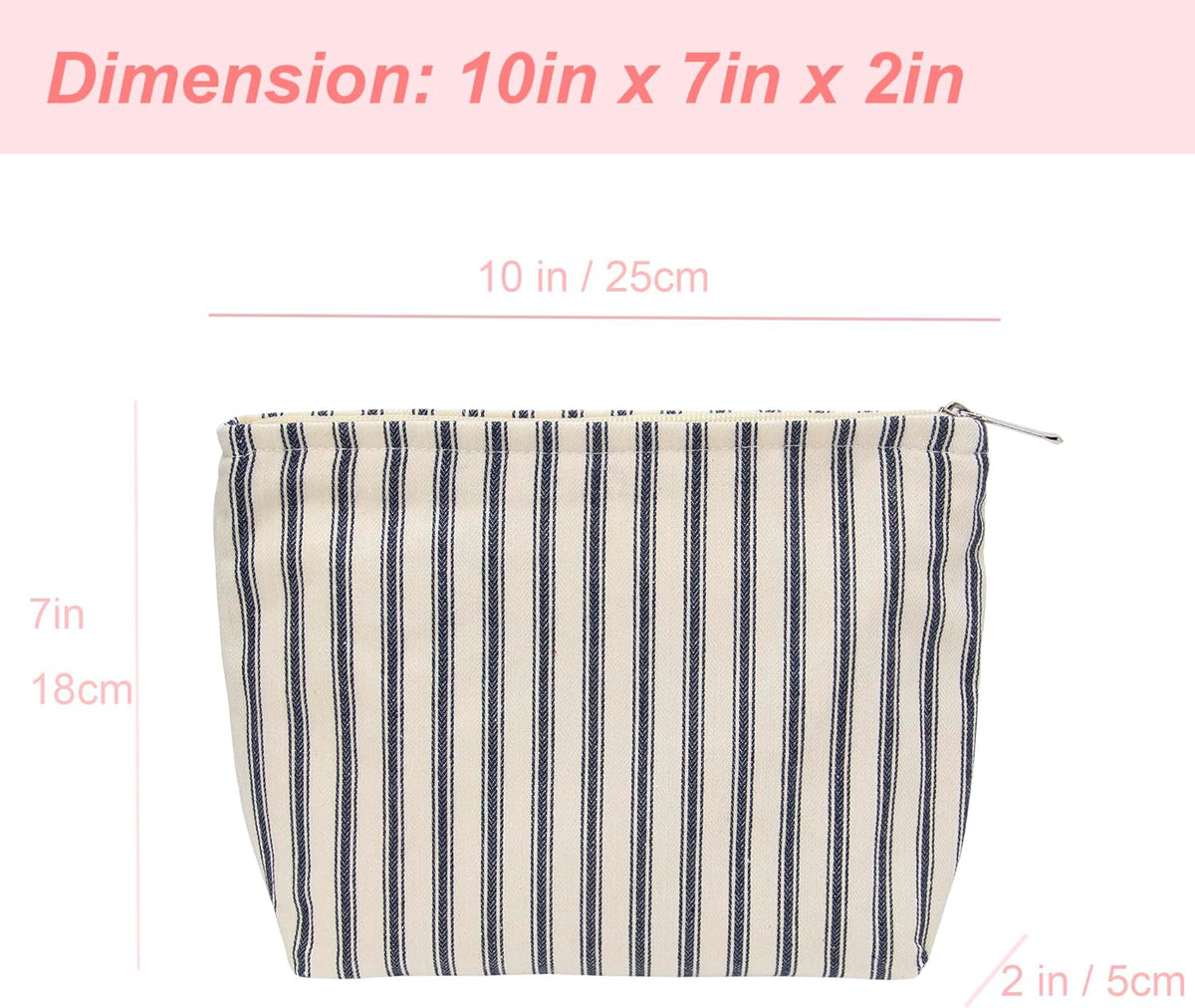 Flat Makeup Bag for Women,Zipper Cosmetic Pouch,Vintage Stripe Navy Blue