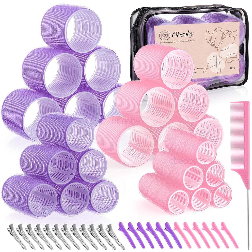 4 Sizes Self-Grip Hair Rollers Set for Long, Short Hair and Bangs - 50 Pcs with Clips (25mm, 36mm, 48mm, 60mm), Pink