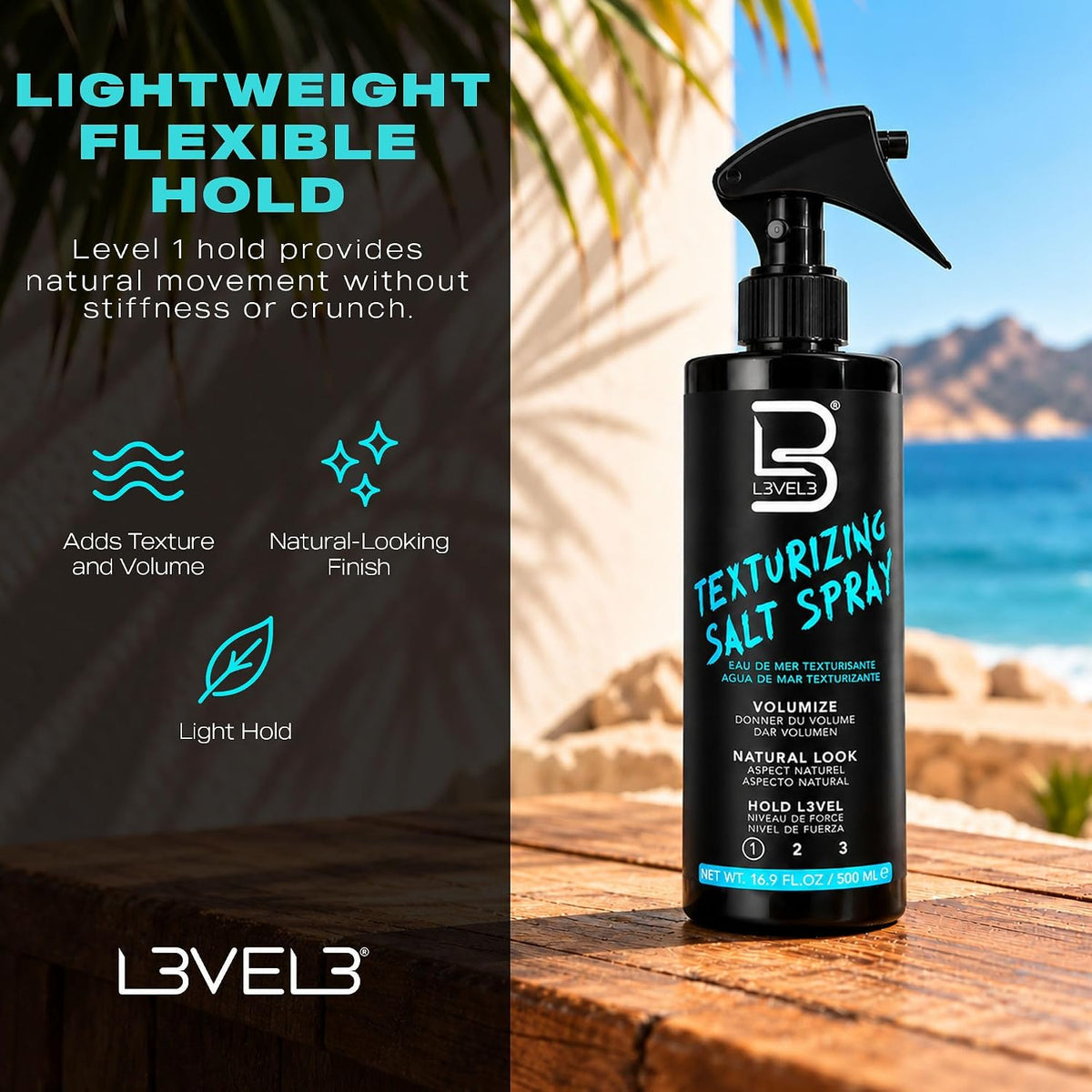 L3 Level 3 Sea Salt Spray for Hair, Texturizing, Beachy Waves, 8.45 fl oz