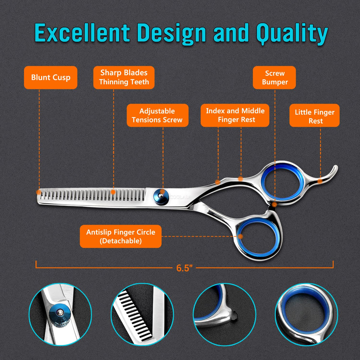 COOLALA Stainless Steel Hair Cutting Scissors Thinning Shears 6.5 Inch Professional Salon Barber Haircut Scissors Family