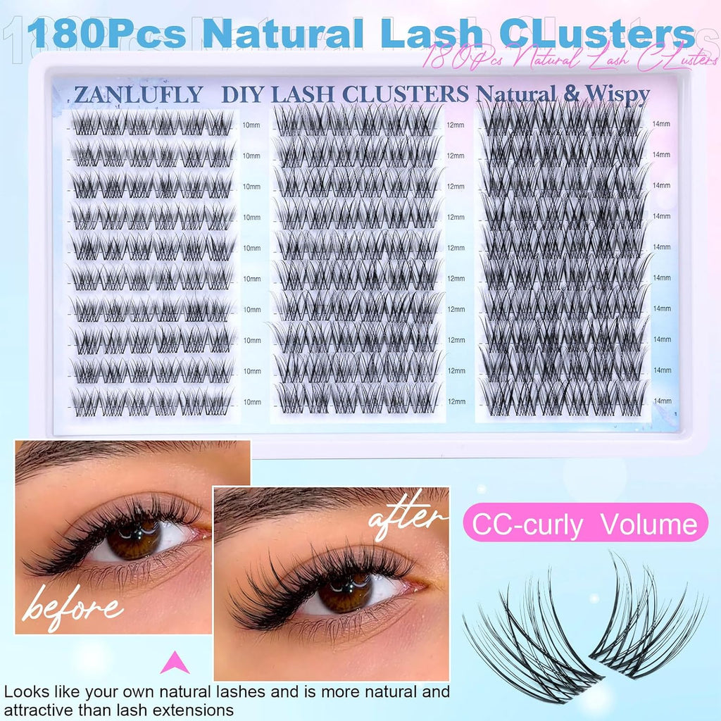 Lash Clusters Wispy Eyelash Clusters Natural CC-Curly Cluster Lashes zanlufly Wispy Individual Lashes 180Pcs Eyelash Ext