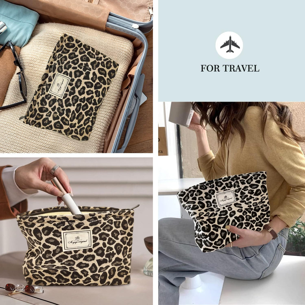 Leopard Makeup Bag Organizer Cosmetic Bags for Women and Girls,Travel Toiletry Bag Large Capacity Canvas Makeup Zipper P
