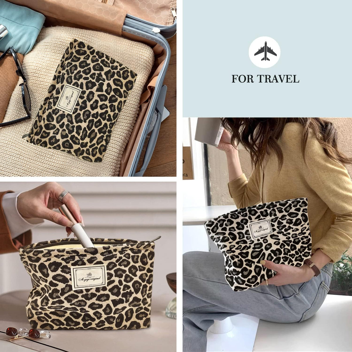 Leopard Makeup Bag Organizer Cosmetic Bags for Women and Girls,Travel Toiletry Bag Large Capacity Canvas Makeup Zipper P