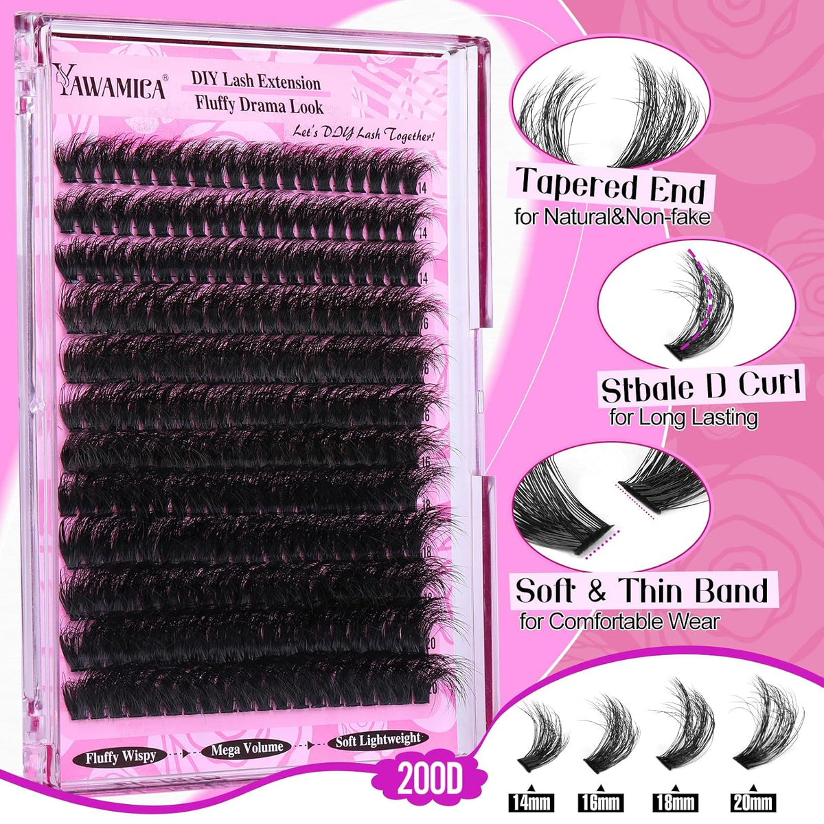 Yawamica Fluffy Lash Clusters Thick 200D Volume Eyelash Clusters 14-20mm