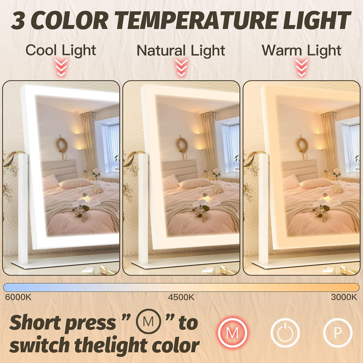 FENNIO Vanity Mirror with Lights 13'' x 17'' Makeup Mirror with Lights,Vanity Mirror Touch Screen with 3-Color Lighting,