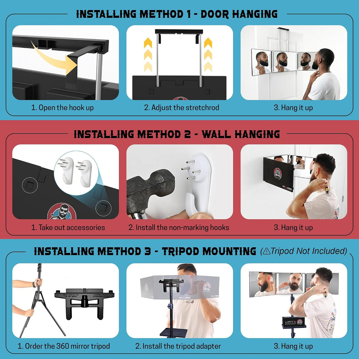 360 Mirror LED Lights Barber 3 Way Hanging Mirror Self Hair Cutting System