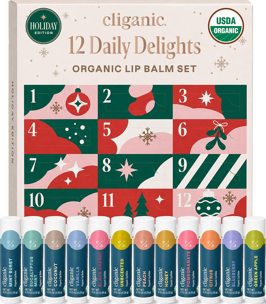Cliganic Organic Lip Balm Set, 6 Flavors, 100% Natural for Dry Cracked Lips