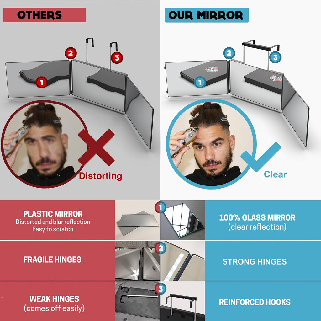 360 Mirror LED Lights Barber 3 Way Hanging Mirror Self Hair Cutting System