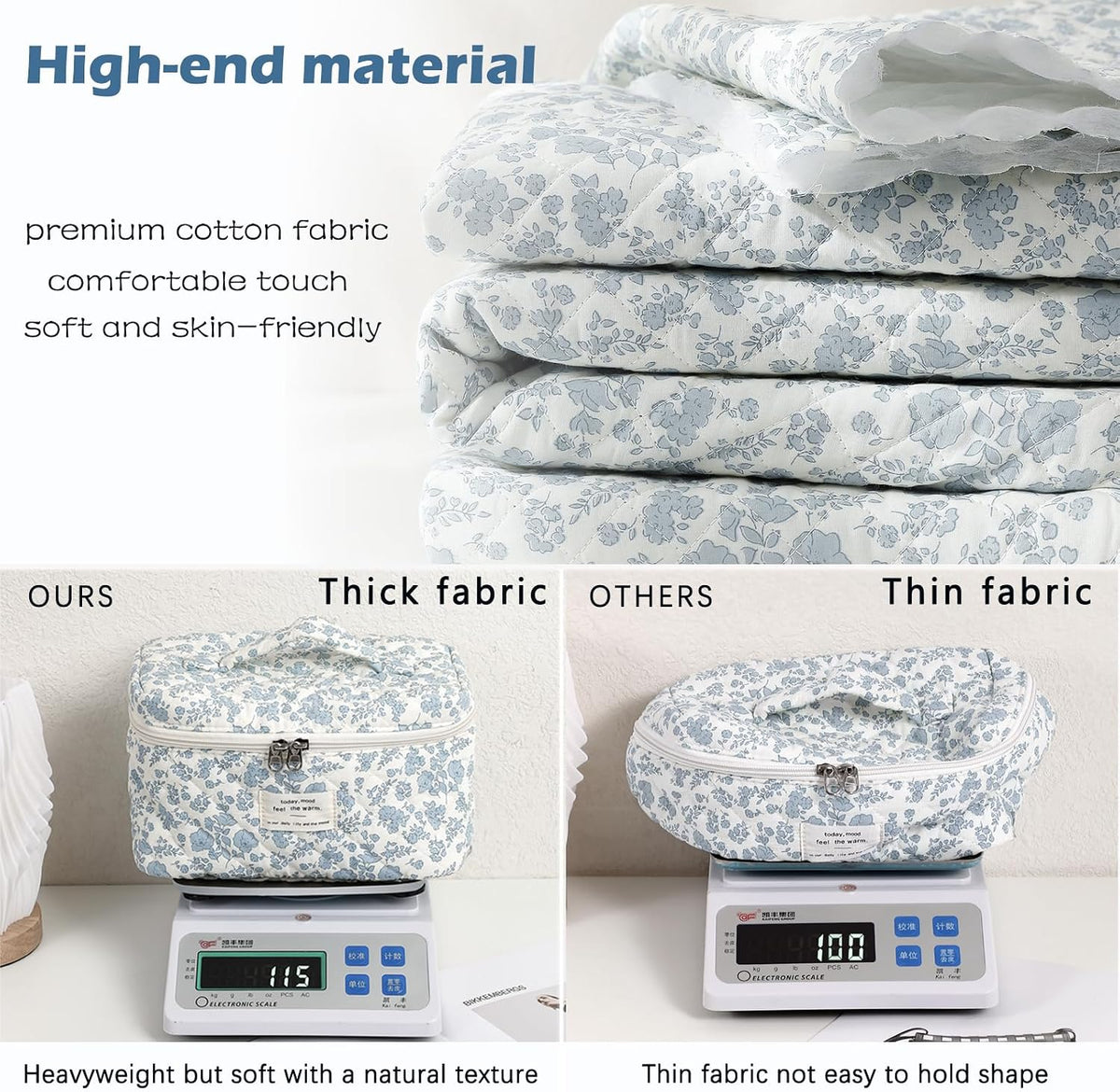 uekeboag Large Travel Quilted Makeup Bag for Women (01Lithtblue-flower)