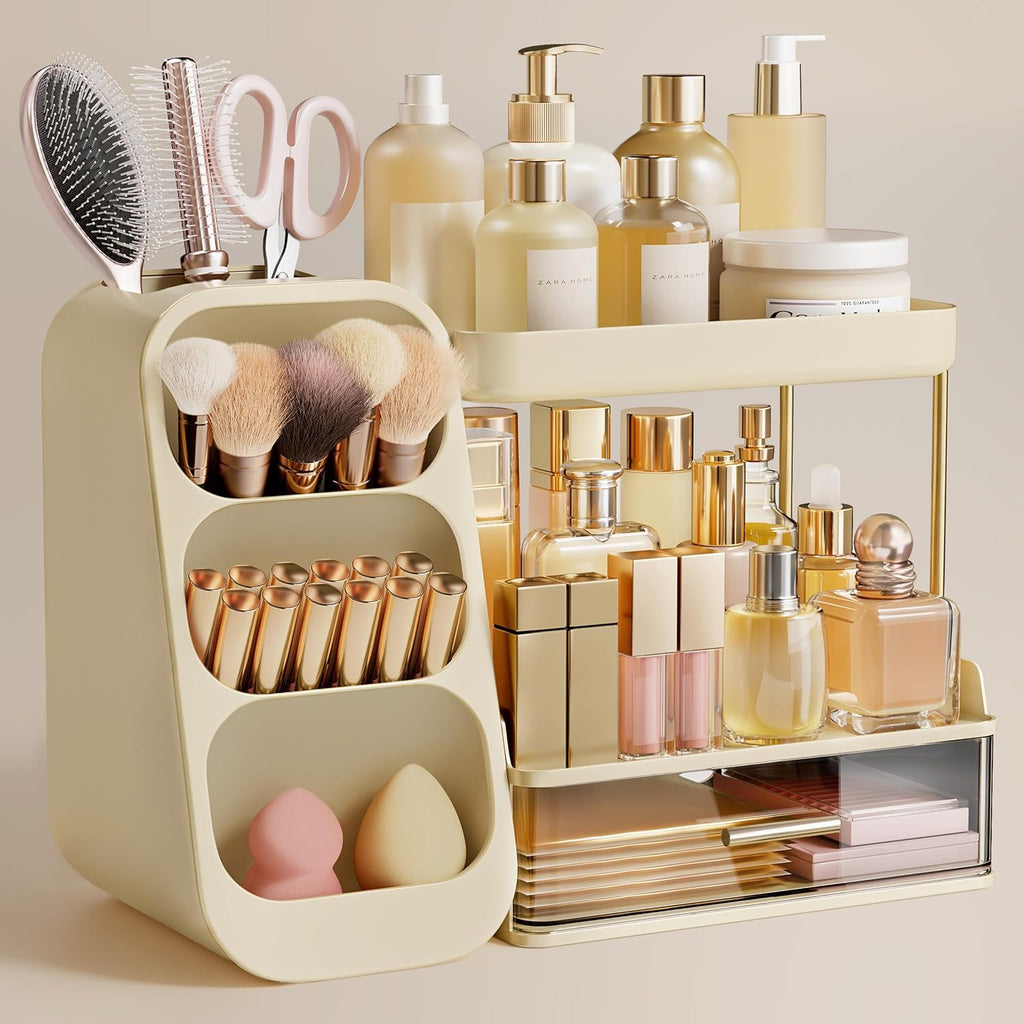 HBlife Makeup Organizer with Brush Holder for Vanity, Large Plastic Bathroom Countertop Organizer Skin Care Storage, Eas