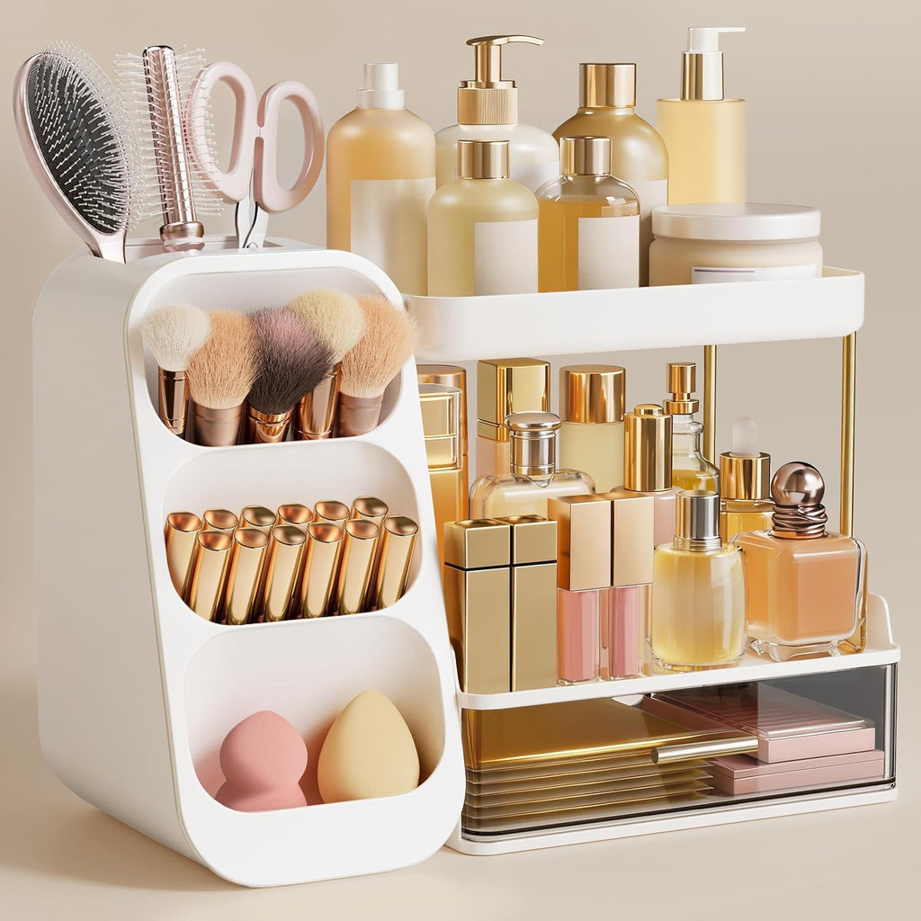 HBlife Makeup Organizer with Brush Holder for Vanity, Large Plastic Bathroom Countertop Organizer Skin Care Storage, Eas