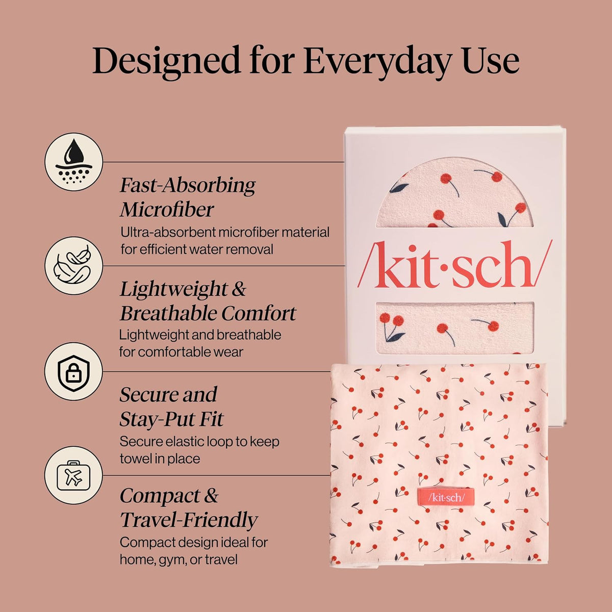 Kitsch XL Microfiber Hair Towel Wrap for Women - Cherry Print