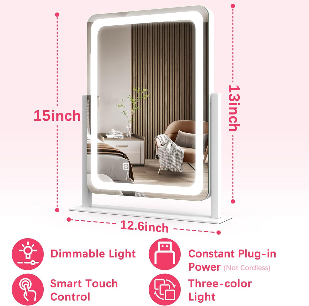 ROLOVE Vanity Mirror with Lights for Desk, 12.6"x15", Dimmable, White
