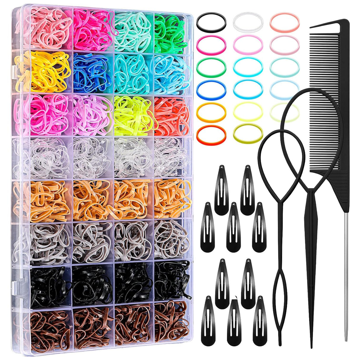 32 Colors Small Hair Rubber Bands with 16 Styling Tools, 2000 Pcs Elastic Girl Baby Hair Ties, Mini Bands with Elastic C