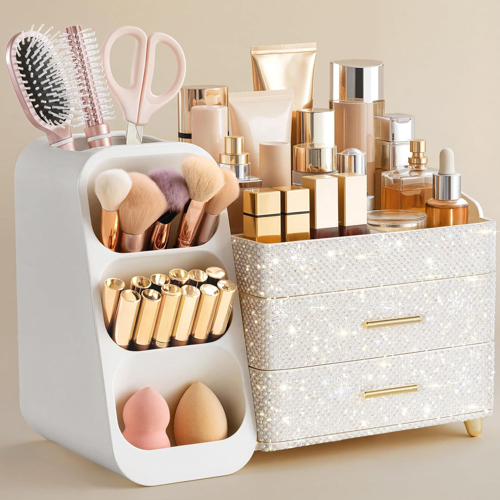 HBlife Makeup Organizer with Brush Holder for Vanity, Large Plastic Bathroom Countertop Organizer Skin Care Storage, Eas