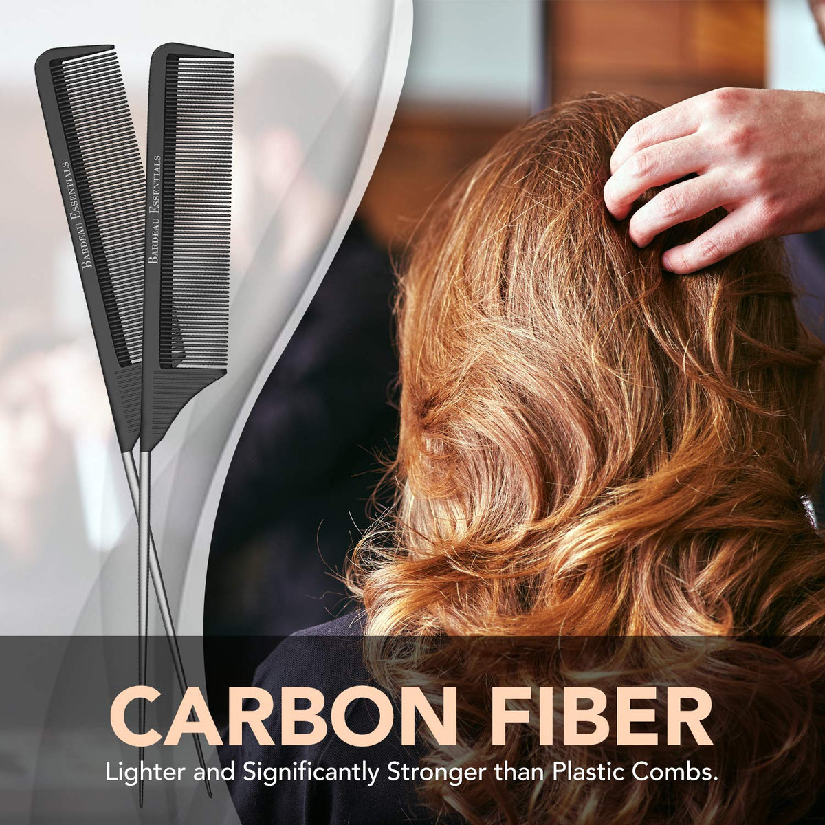 Professional 8.8 Inch Tail Comb - Black Carbon Fiber And Stainless Steel Pintail - Anti Static And Heat Resistant Teasin
