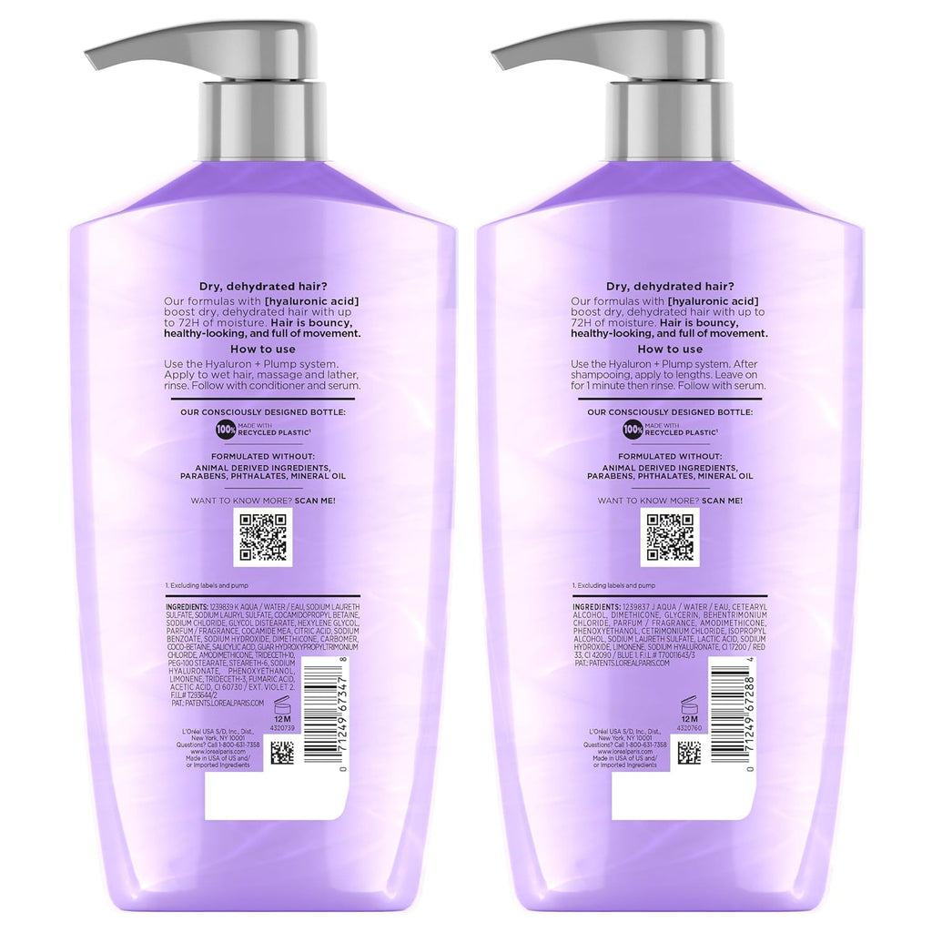L'Oreal Paris Elvive Hyaluron Plump Shampoo and Conditioner Set, 53 Fl Oz