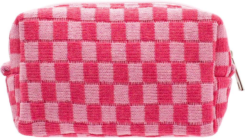 Checkered Makeup Bag for Purse Portable Zipper Make Up Pouch Small Cosmetic Case for Travel Accessories (Hotpink)