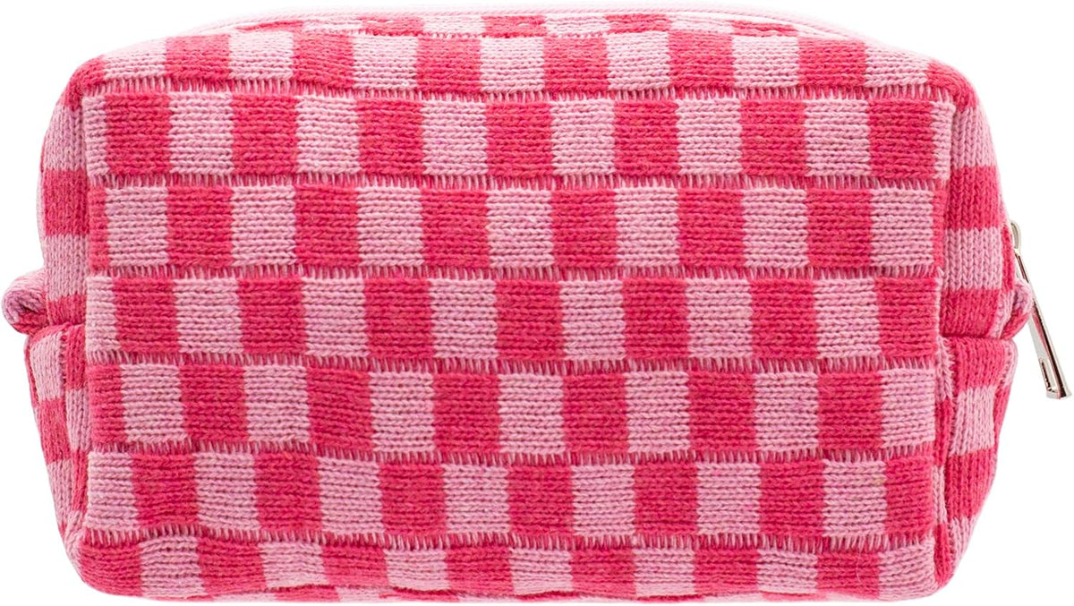 Checkered Makeup Bag for Purse Portable Zipper Make Up Pouch Small Cosmetic Case for Travel Accessories (Hotpink)