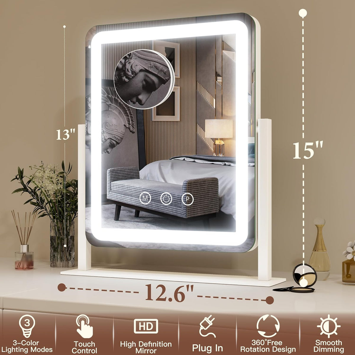 FENNIO Vanity Mirror with Lights - 15"x12.6" LED Lighted Makeup Mirror, Large Makeup Mirror with Lights, Touch Screen wi