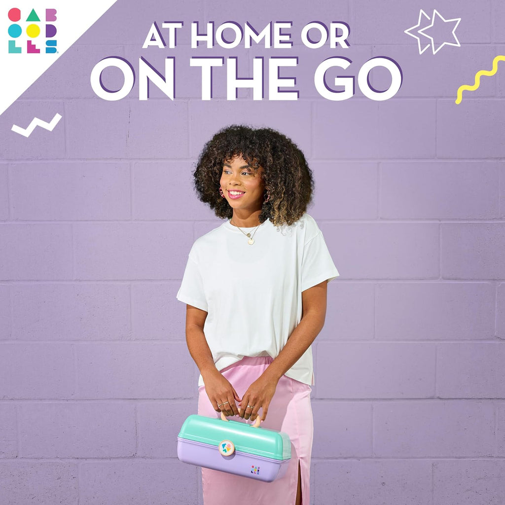 Caboodles On-The-Go Girl Makeup Box, Seafoam on Lavender, Hard Plastic Makeup Organizer Box, Built-In Mirror, Secure Lat