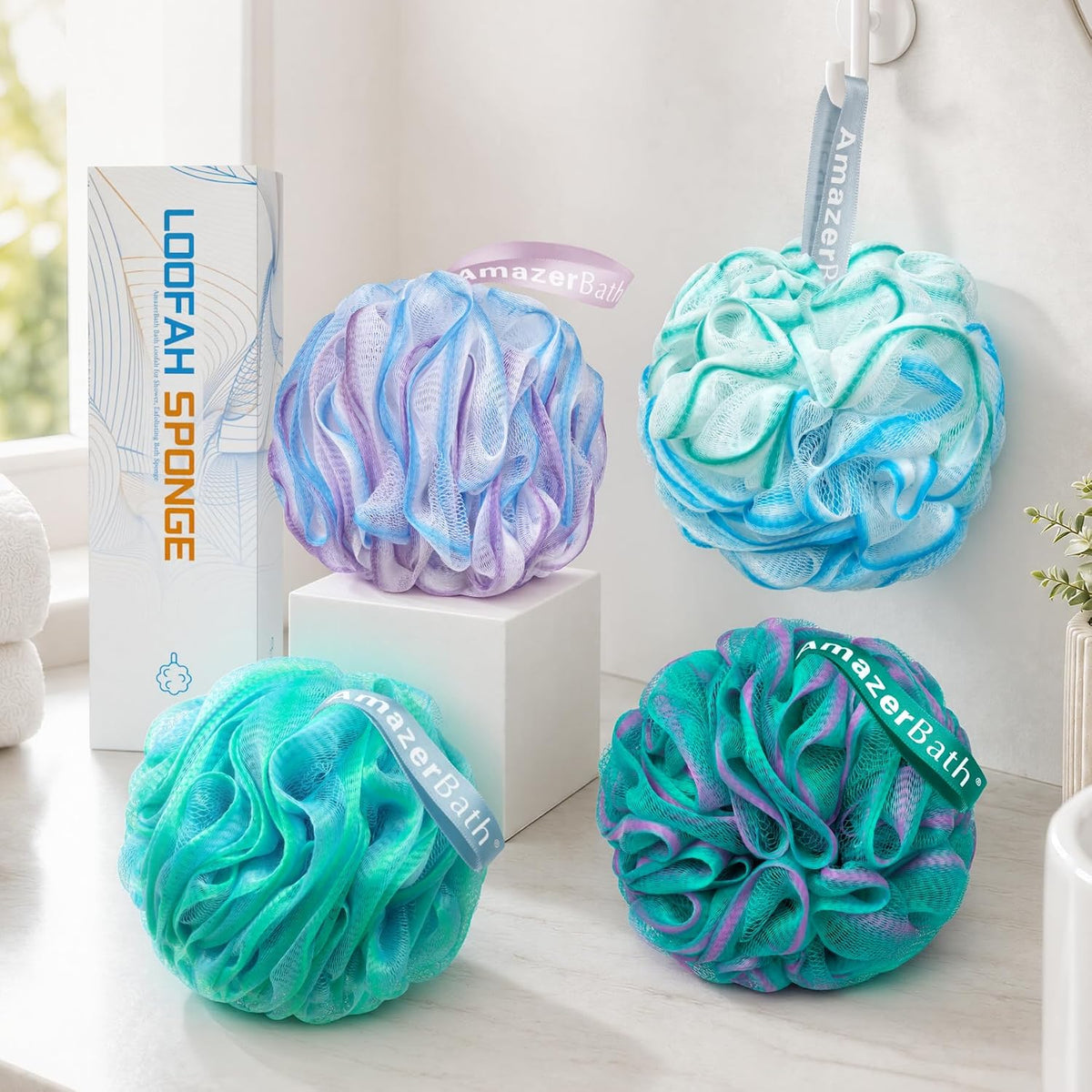 AmazerBath Loofah Sponge 75g/Piece, Exfoliating Bath Sponge Body Scrubber - Loofa Set of 4 Flower Color (Large, Green-Pu