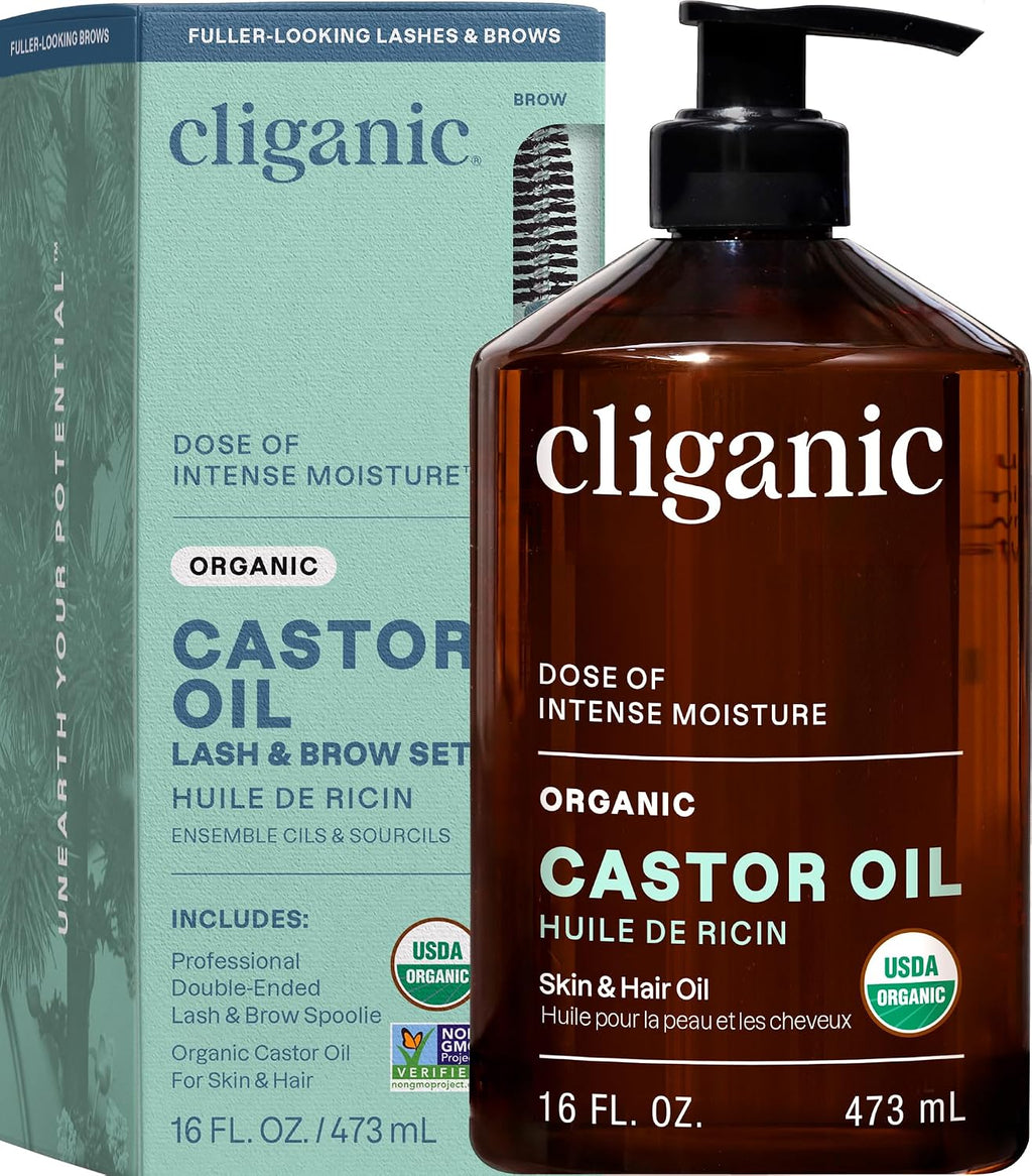 Cliganic Castor Oil Organic Cold Pressed for Eyelashes, Eyebrows & Skin 8oz