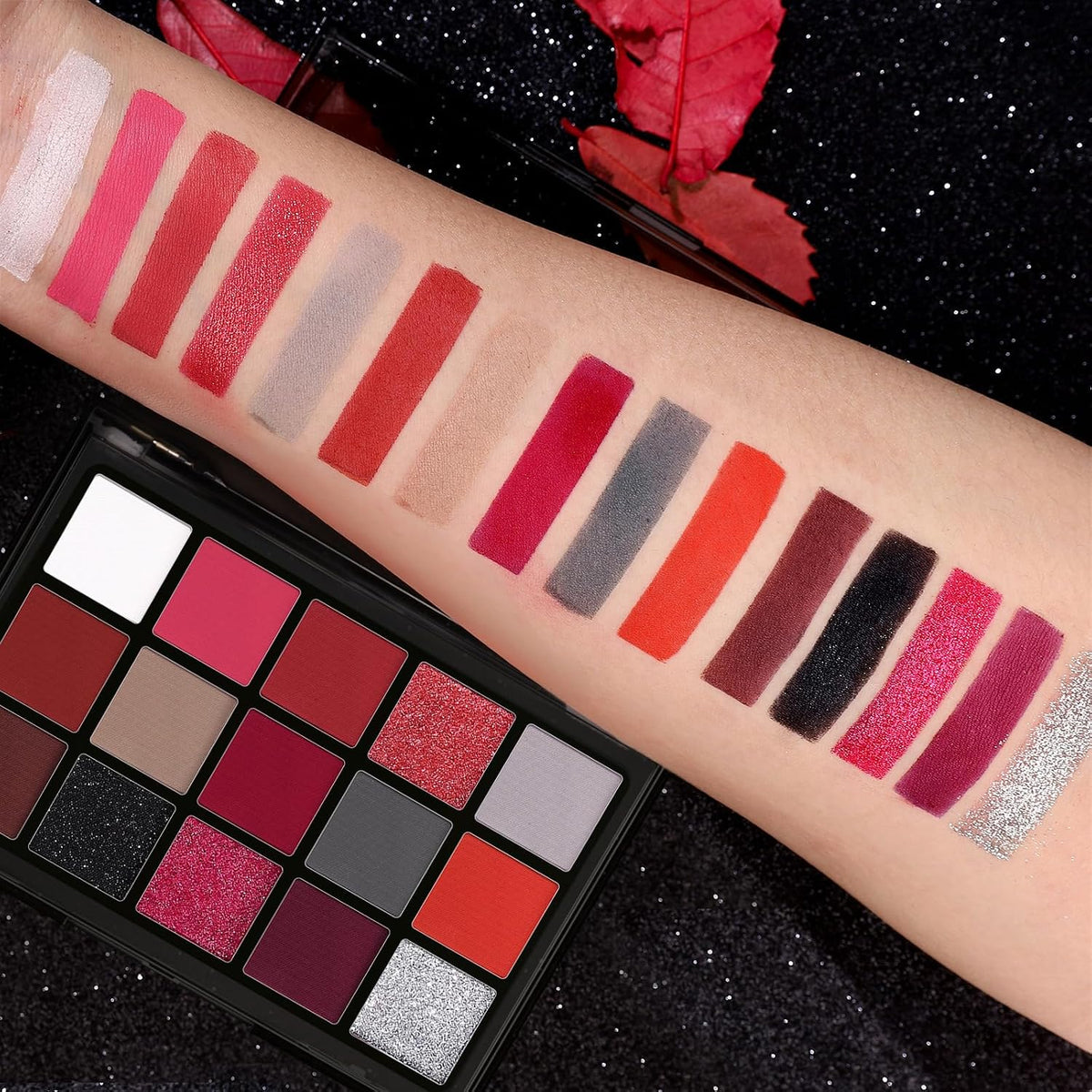 UCANBE Red Eyeshadow Makeup Palette, 15 Colors Burgunry Gray Silver Shimmer Matte Glitter Metallic Eye Shadow Pallet, Pi