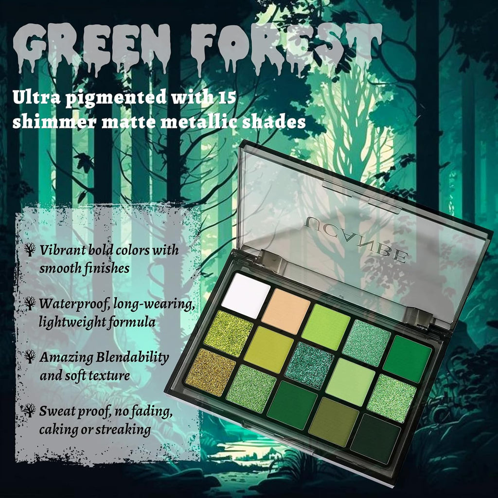 UCANBE Green Eyeshadow Makeup Palette, 15 Colors Bright Dark Green Shimmer Matte Metallic Glitter Eye Shadow, Forest Eme