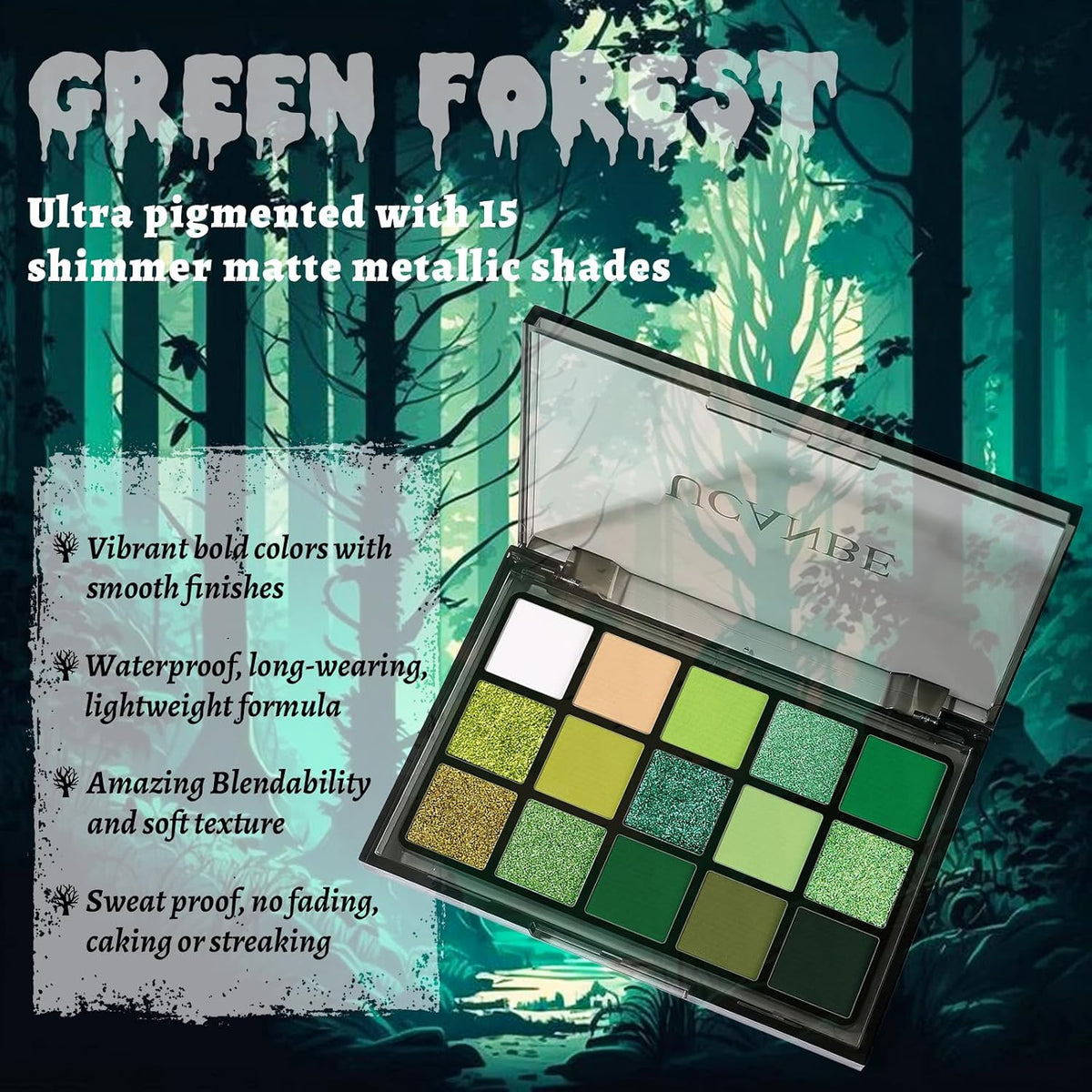 UCANBE Green Eyeshadow Makeup Palette, 15 Colors Bright Dark Green Shimmer Matte Metallic Glitter Eye Shadow, Forest Eme