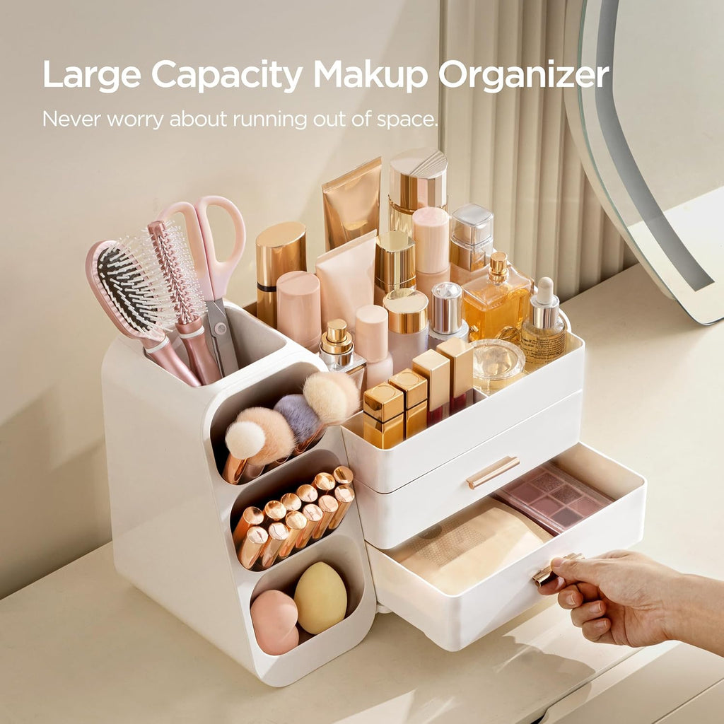 HBlife Makeup Organizer with Brush Holder for Vanity, Large Plastic Bathroom Countertop Organizer Skin Care Storage, Eas
