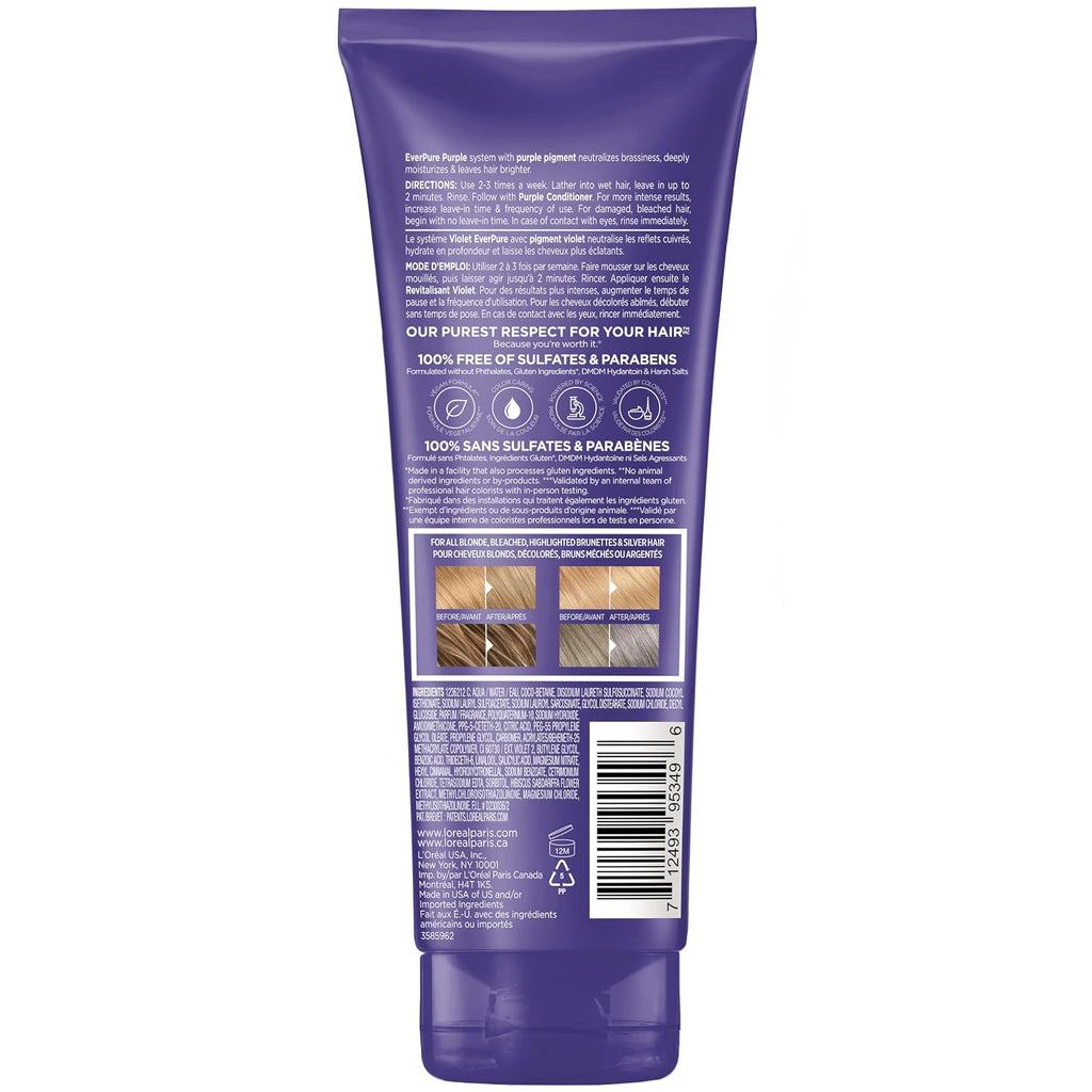 L’Oreal Paris Sulfate Free Brass Toning Purple Shampoo for Blonde, Bleached, Silver, or Brown Highlighted Hair, EverPure