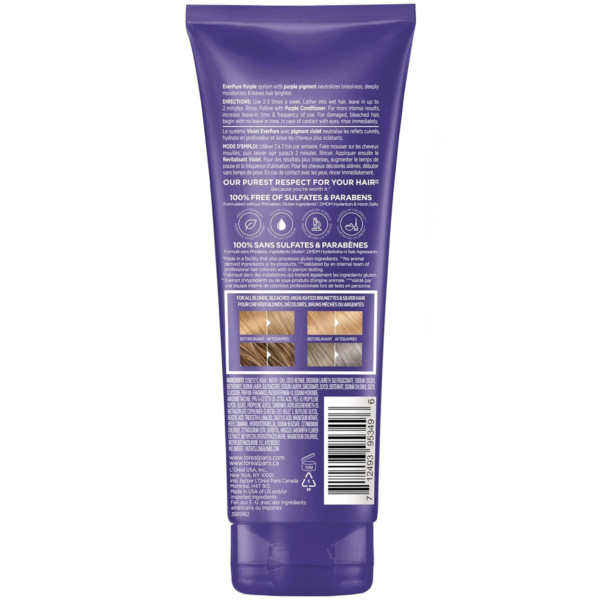 L’Oreal Paris Sulfate Free Brass Toning Purple Shampoo for Blonde, Bleached, Silver, or Brown Highlighted Hair, EverPure